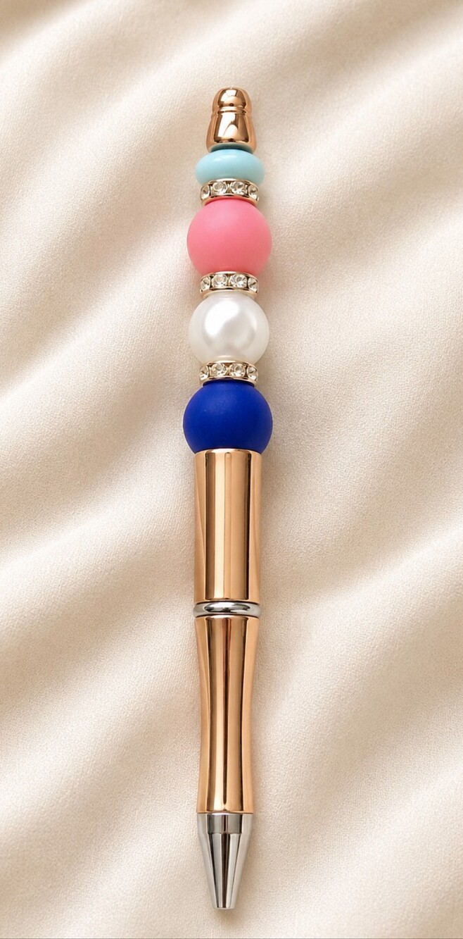 Handcrafted Luxury Beaded Ballpoint Pen - Pink, Blue, White Accent